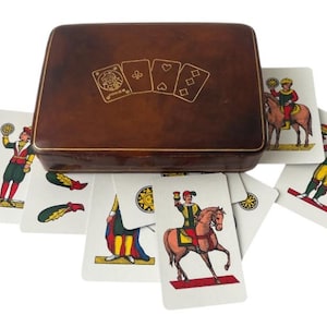 Scatola per carte da gioco in pelle italiana vintage – Contenitore dorato fiorentino – Porta carte doppio