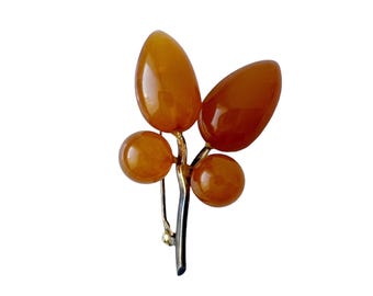 Broche vintage de plata con ámbar báltico color caramelo, broche de hoja de mediados de siglo