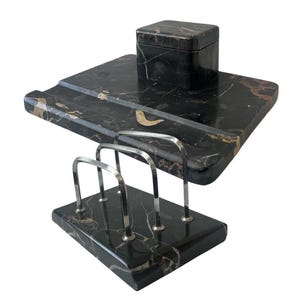 Conjunto de mesa de mármore preto Art Déco vintage com porta-cartas
