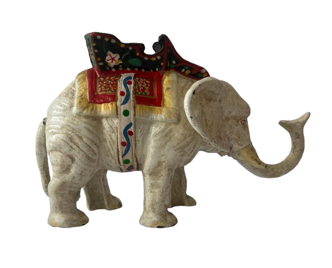 Vintage Hubley Cast Iron Elephant Mechanical Bank, Painted Coin