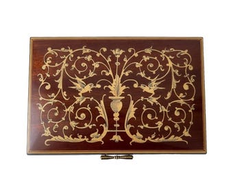 Swiss Reuge Wooden Music Box, Floral Bird Inlay Jewellery Box
