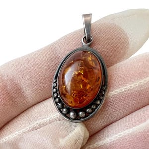 Vintage Sterling Silver Amber Pendant – Oval Baltic Amber Cabochon, Boho Jewelry