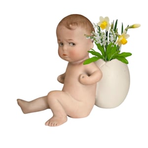Antique German Porcelain Piano Baby – Defiant Boy with Egg – Bisque Figurine