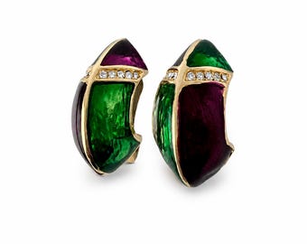 Vintage Gold Tone Green Purple Enamel Rhinestone Clip-On Earrings