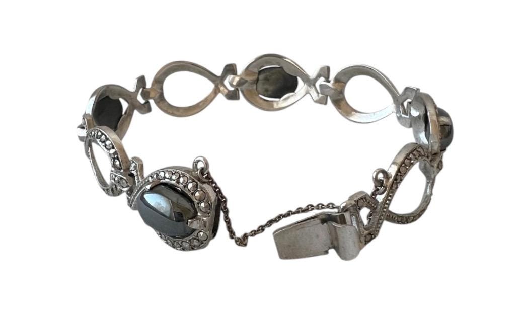 Bracelet Argent Massif Marcassites ART DECO Ajustable - Occasion Bon état