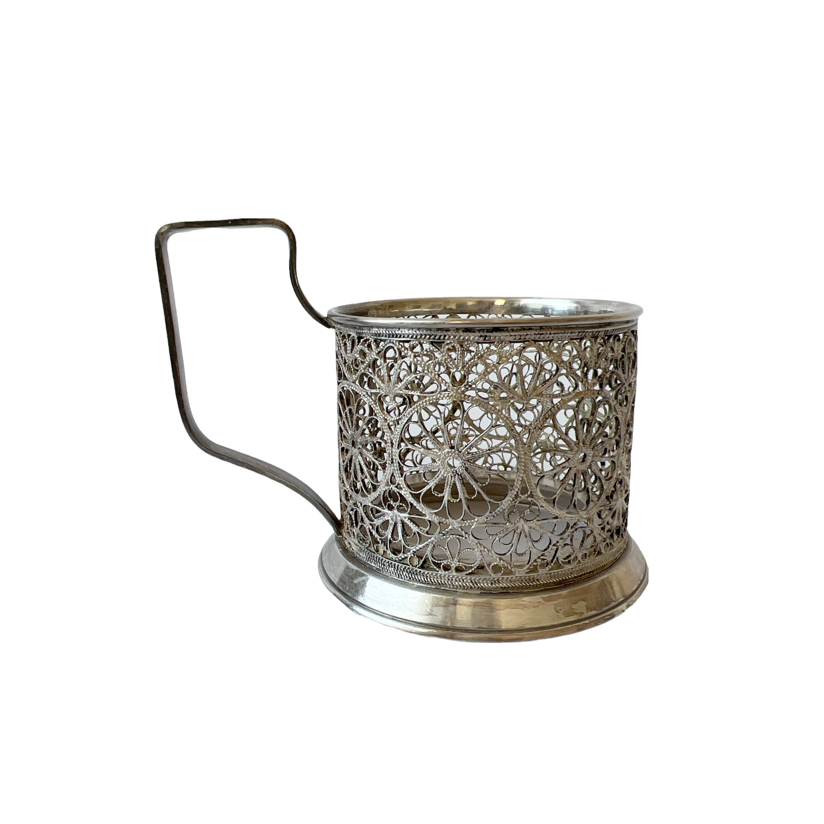 Vintage Russian Podstakannik – 1950s-60s Soviet Tea Glass  Vintage UKRANIAN Glass Tea Cup Holder Filigree Silver Plated main image 0