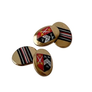 Vintage Enamel Heraldic Chain-Link Cufflinks — Lambournes (L&B) — Double-Sided, Gold-Tone