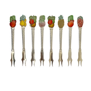 Vintage WMF Cromargan Stainless Steel Set of 8 Punch Skewers with Fruit Enamel Decor