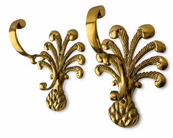 Vintage Set of Two Brass Pineapple Wall Hooks: Ornate Palm Design, Gold Finish