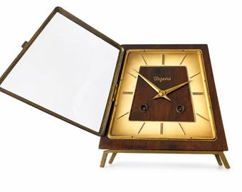 Vintage Urgena Kienzle Desk Clock, Wooden Brass Mid Century Mantel