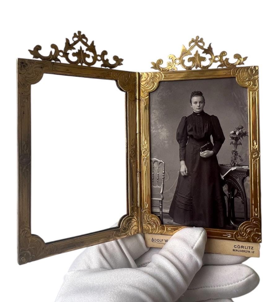 Antique Travel Folding Brass Photo Frame – Late 1890s, Floral 