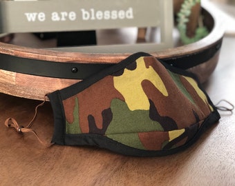 Camo Cotton Face Mask with Filter Pocket, Nose Guard