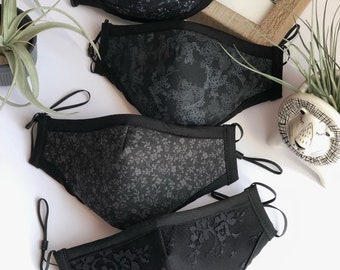 Black LACE  Floral Face Mask with Filter pocket 3 layers 100%cotton fabric,high quality handmade,washable,comfortable fit with nose guard