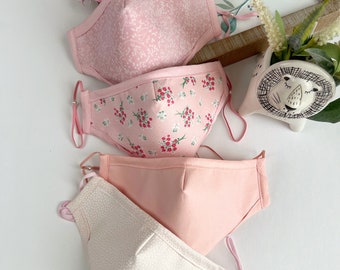 Pink Fabric Face Mask w/ Filter pocket 3 layers of fabric 100%cotton high quality handmade washable,reusable comfortable fit with nose guard