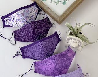 Purple Cotton Fabric Face Mask: Washable, Reusable with Filter Pocket