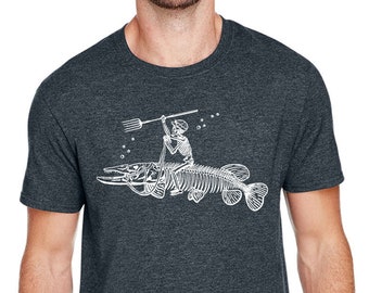 Skeleton Dude Riding a Northern Pike — Graphic T-shirt by Ryan Ebert