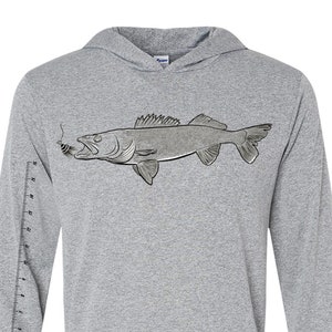 May include: Gray long-sleeve hooded shirt with a black and white illustration of a walleye fish on the front.