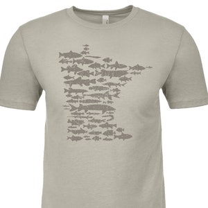 May include: A light gray t-shirt with a graphic of the state of Minnesota made up of fish silhouettes.