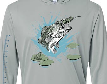 Bass Eating Top Water Frog Lure — Medium Grey Long Sleeve UPF Hooded Fishing Shirt by Ryan Ebert
