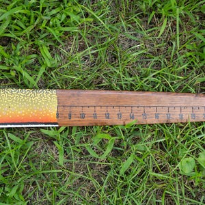 May include: A wooden fish measuring board featuring a brown wood grain finish with black numerical markings from 8 to 22 inches. The left side displays a vibrant orange and yellow gradient pattern with small white and dark spots resembling fish scales.
