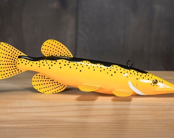 Yellow and black folk art Pike Fish Decoy — Collectible Handmade by Ryan Ebert