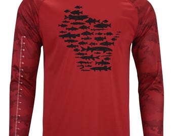 Fish of Wisconsin — Red Long Sleeve Performance UPF Sun Block Fishing Shirt by Ryan Ebert