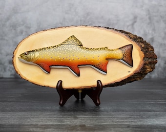 Wood Carved Brook Trout Wood Plaque – Rustic Fishing Cabin Decor – Handmade Fish Art – Unique Gift for Anglers by Ryan Ebert