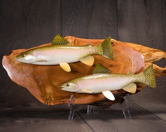 Rainbow Trout Pair — Collectible Handmade Wood Carved Fish Plaque by Ryan Ebert