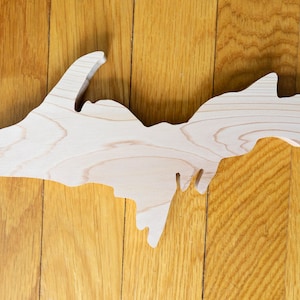 May include: A wooden cutout of the Upper Peninsula of Michigan, a popular tourist destination in the state. The cutout is made of light-colored wood and has a natural grain pattern.