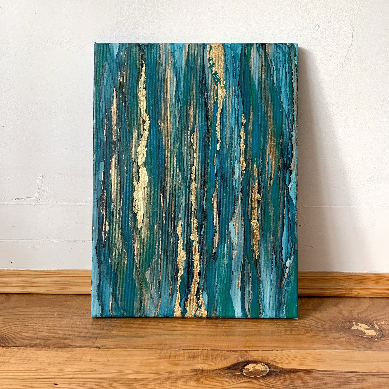 Alcohol Ink Acrylic Painting Gold leaf on Canvas. Handmade Etsy