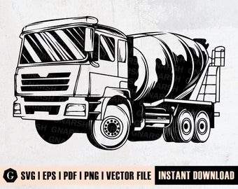 May include: Black and white illustration of a cement mixer truck. The truck has a large drum on the back and a cab with a windshield.