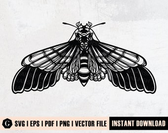 May include: Black and white silhouette of a moth with intricate wing patterns. The moth is in a flying position with its wings spread wide.