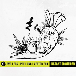 May include: Black and white illustration of a rabbit sitting in a carrot, smoking a joint. The rabbit has a relaxed expression and is wearing a carrot hat. The carrot is surrounded by cannabis leaves.