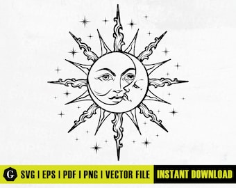 Könnte beinhalten: Schwarz-weiß-Linienkunst-Illustration einer Sonne und eines Mondes mit einem Gesicht. Die Sonne hat die Form einer Mondsichel mit einem Gesicht darin. Die Sonne hat Strahlen um sich herum und es gibt kleine Sterne um die Sonne und den Mond.
