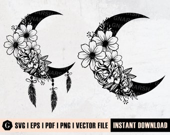 Moon Flowers svg | Moon Floral svg | Dreamcatcher svg | Moon Dreamcatcher with Flowers | Bohemian svg | Feathers svg | Boho svg | Moon svg