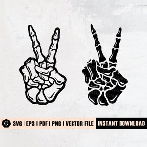 May include: Two black skeletal hands making the peace sign gesture. The hands are detailed with bones and joints.