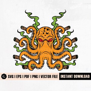 May include: An orange octopus with red eyes surrounded by green smoke and brown cigars. The octopus has eight tentacles and a menacing expression.