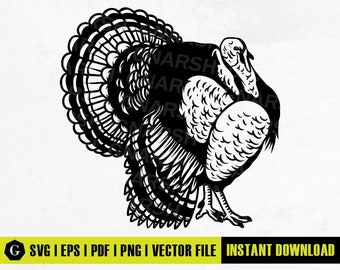 May include: Black and white silhouette of a turkey with its wings spread out. The turkey is facing to the right and has a detailed design.