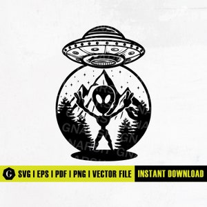 May include: Black and white illustration of an alien standing with arms raised in front of a mountain range with a UFO above. The alien is in a circle with stars and trees around it.