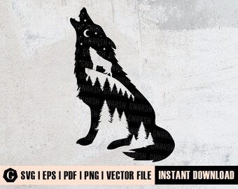 Howling Wolf Silhouette SVG | Mountain Scene Cut File (Digital Download)