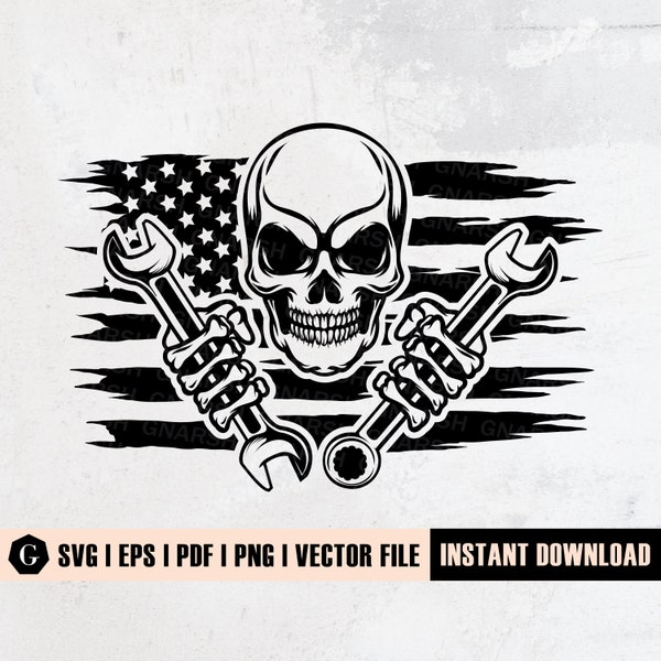 USA Skull Mechanic SVG File | Mechanic Logo | Wrenches Svg | Mechanic Skull Png | Skull Silhouette | Bones Of Human Svg | Skeleton Hand Svg