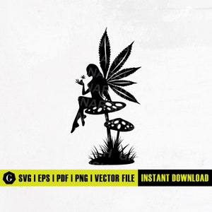 May include: Black silhouette of a fairy sitting on a mushroom with a marijuana leaf for wings. The fairy is holding a small marijuana leaf in her hand.