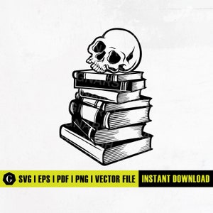 May include: A black and white illustration of a skull sitting on top of a stack of books. The books are stacked on top of each other and have a vintage look.