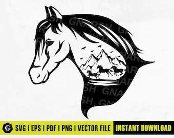 Mustang Horse Head SVG | Mountain Scene Clipart (Digital Download)