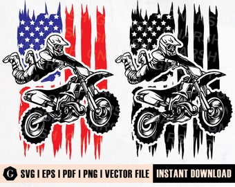 May include: A black and white illustration of a motocross rider performing a stunt jump over a distressed American flag. The rider is wearing a helmet and goggles. The flag is in the background and has a distressed look.