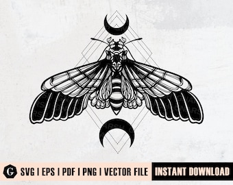 May include: Black and white vector illustration of a moth with geometric patterns and crescent moons. The moth is in the center of the design, with the moons above and below it.