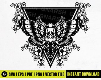 May include: Black and white vector illustration of a moth with a skull head, surrounded by flowers, inside a triangle.