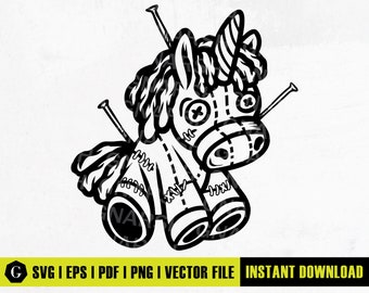 May include: Black and white illustration of a stitched unicorn toy with needles sticking out. The unicorn has a horn, closed eyes, and a stitched mouth.