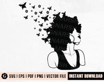 Afro Frau mit Schmetterlingen SVG | Frisur Clipart (digitaler Download)
