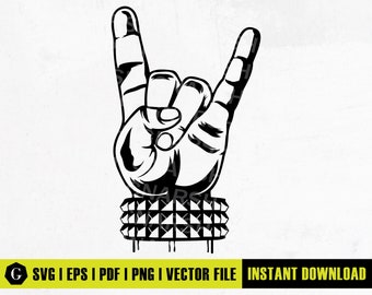 May include: Black and white illustration of a hand making the rock and roll gesture. The hand is wearing a studded wristband. The image includes the text "SVG | EPS | PDF | PNG | VECTOR FILE" and "INSTANT DOWNLOAD".